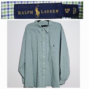 Ralph Lauren Button Down‎ Dress Shirt Men 4XB BIG Plaid Long Sleeve Blue Pony